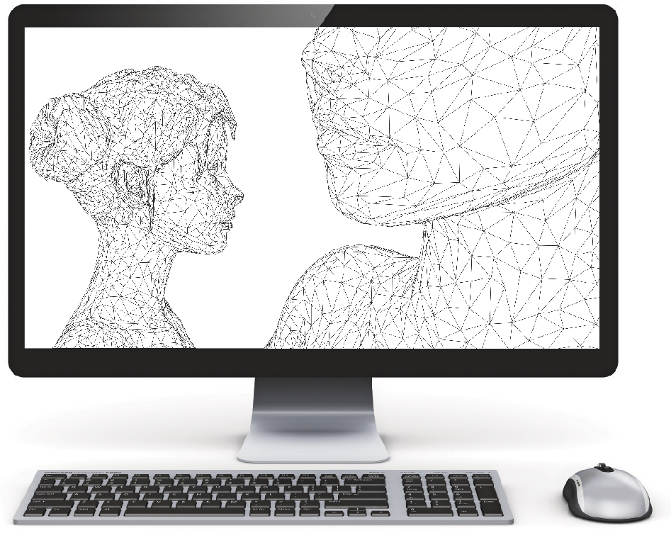 Fotografia. Tela de computador com o desenho de uma garota de perfil composta de triângulos. Abaixo da tela, teclado e mouse.
