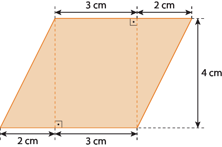 Figura geométrica: paralelogramo alaranjado dividido em um retângulo e 2 triângulos. No retângulo, a base mede 3 centímetros e a altura mede 4 centímetros. Nos triângulos, a base mede 2 centímetros e a altura relativa à base mede 4 centímetros.