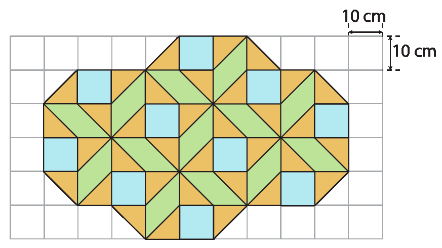 Figura geométrica. Malha quadriculada composta por 6 linhas e 11 colunas com mosaico composto por triângulos na cor laranja, quadrados na cor azul e paralelogramos na cor verde. O comprimento do lado de cada quadradinho da malha mede 10 centímetros.