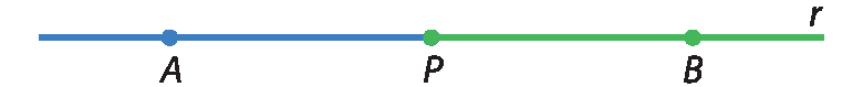 Figura geométrica: Reta r passando pelos pontos A, P e B. A distância entre os pontos A e P e os pontos P e B é a mesma. Destaque em verde para o segmento PB.