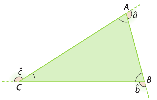 Figura geométrica. Triângulo ABC com destaque para os ângulo externos a, b e c.