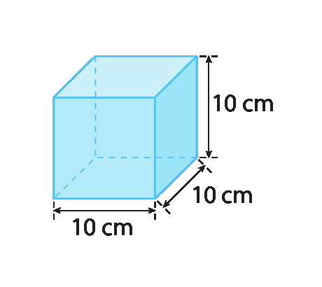 Figura geométrica. Cubo azul, com cotas na largura, comprimento e altura, indicando a medida 10 centímetros