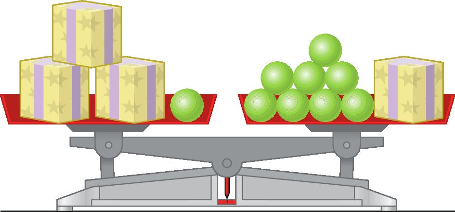 Ilustração. Balança de dois pratos. No prato à esquerda, três caixas amarelas com estampa de estrelas e faixas roxas e uma bolinha verde. No prato à direita, oito bolinhas verdes e uma caixa amarela com estampa de estrelas e faixas roxas. A balança está em equilíbrio.