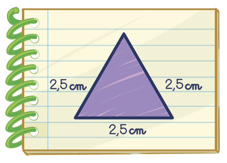Ilustração. Caderno com triângulo roxo desenhado em que cada lado mede 2 vírgula 5 centímetros.
