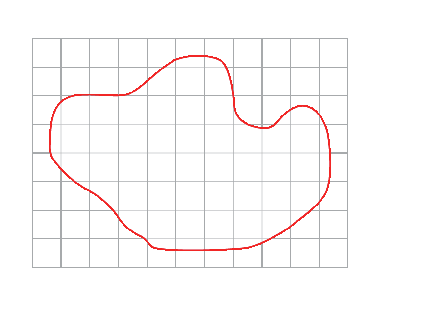 Ilustração. Malha quadriculada com uma figura vermelha formada por uma linha não poligonal fechada e sem segmentos em parte alguma.