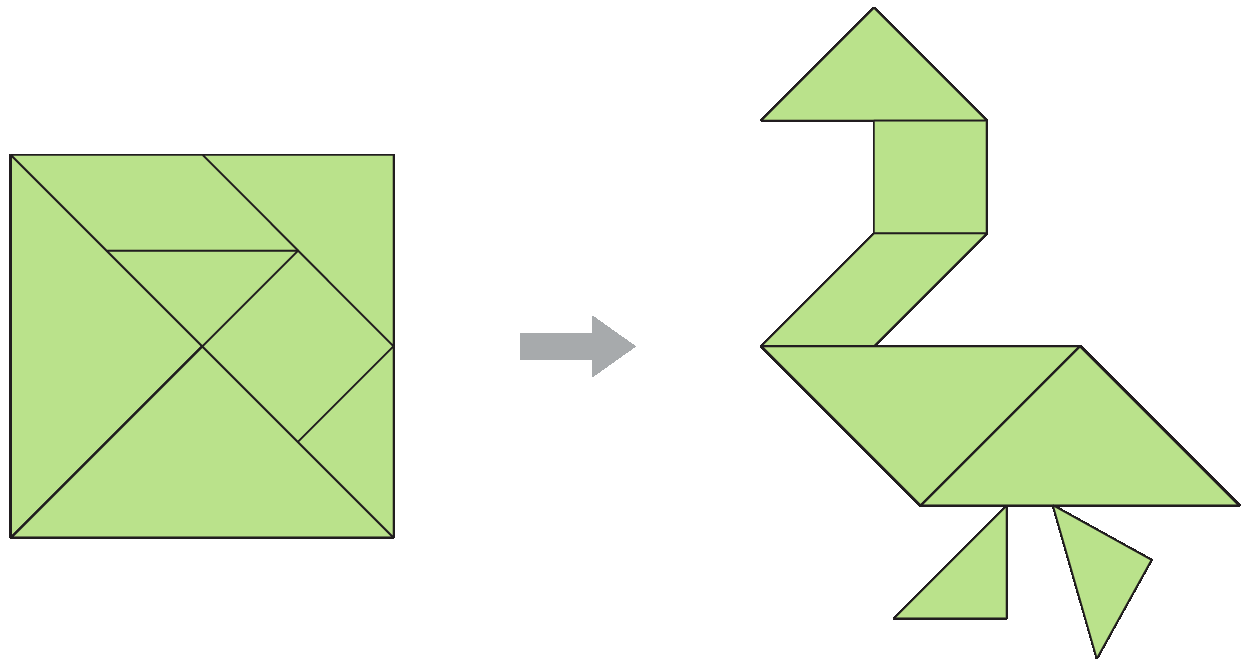 Ilustração. Quadrado verde formado pelas peças do tangram: dois triângulos pequenos, um triângulo médio, dois triângulos grandes, um paralelogramo e um quadrado. Ao lado há uma seta apontando para uma ave formada com as mesmas peças do tangram.