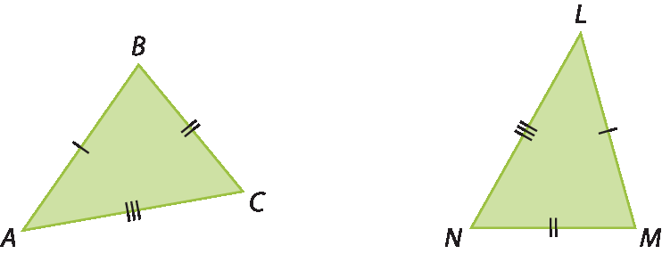 Figura geométrica. Dois triângulos verdes. O primeiro ABC e o segundo LMN. Os lados AB e LM são congruentes; os lados BC e MN são são congruentes; e os lados CA e NL são congruentes.