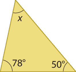 Figura geométrica. Triângulo com indicação de medida dos ângulos internos: 50 graus, 78 graus e x.