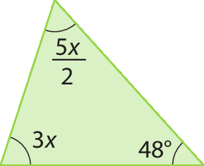 Figura geométrica. Triângulo com indicação de medida dos ângulos internos: 3x, 48 graus e 5x sobre 2.