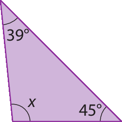 Figura geométrica. Triângulo com ângulos internos: 45 graus, x e 39 graus.