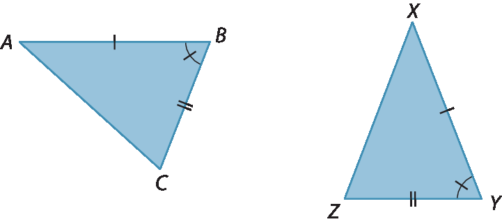 Figura geométrica. Dois triângulos azuis. O primeiro ABC e o segundo XYZ. Os lados AB e XY são congruentes; os lados BC e YZ são congruentes; e os ângulos ABC e XYZ são congruentes.