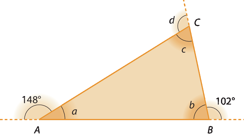 Figura geométrica. Triângulo ABC com ângulo interno a e ângulo externo 148 graus. ângulo interno b e ângulo externo 102 graus e ângulo interno c e ângulo externo d.