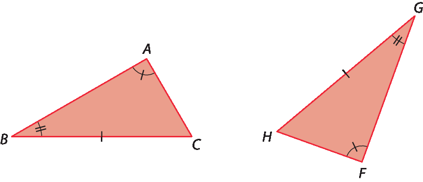 Figura geométrica. Dois triângulos vermelhos. O primeiro ABC e o segundo GFH. Os ângulos BAC e GFH são congruentes; os ângulos ABC e FGH são congruentes e os lados BC e GH são congruentes.