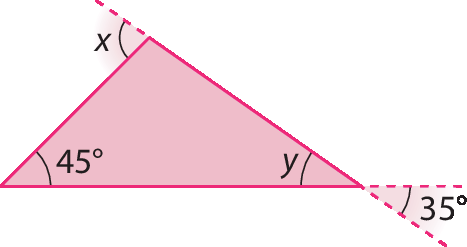 Figura geométrica. Triângulo com ângulos internos 45 graus e y, ângulo oposto pelo vértice y, medindo 35 graus, e ângulo externo x, no vértice que não tem indicação no ângulo interno.
