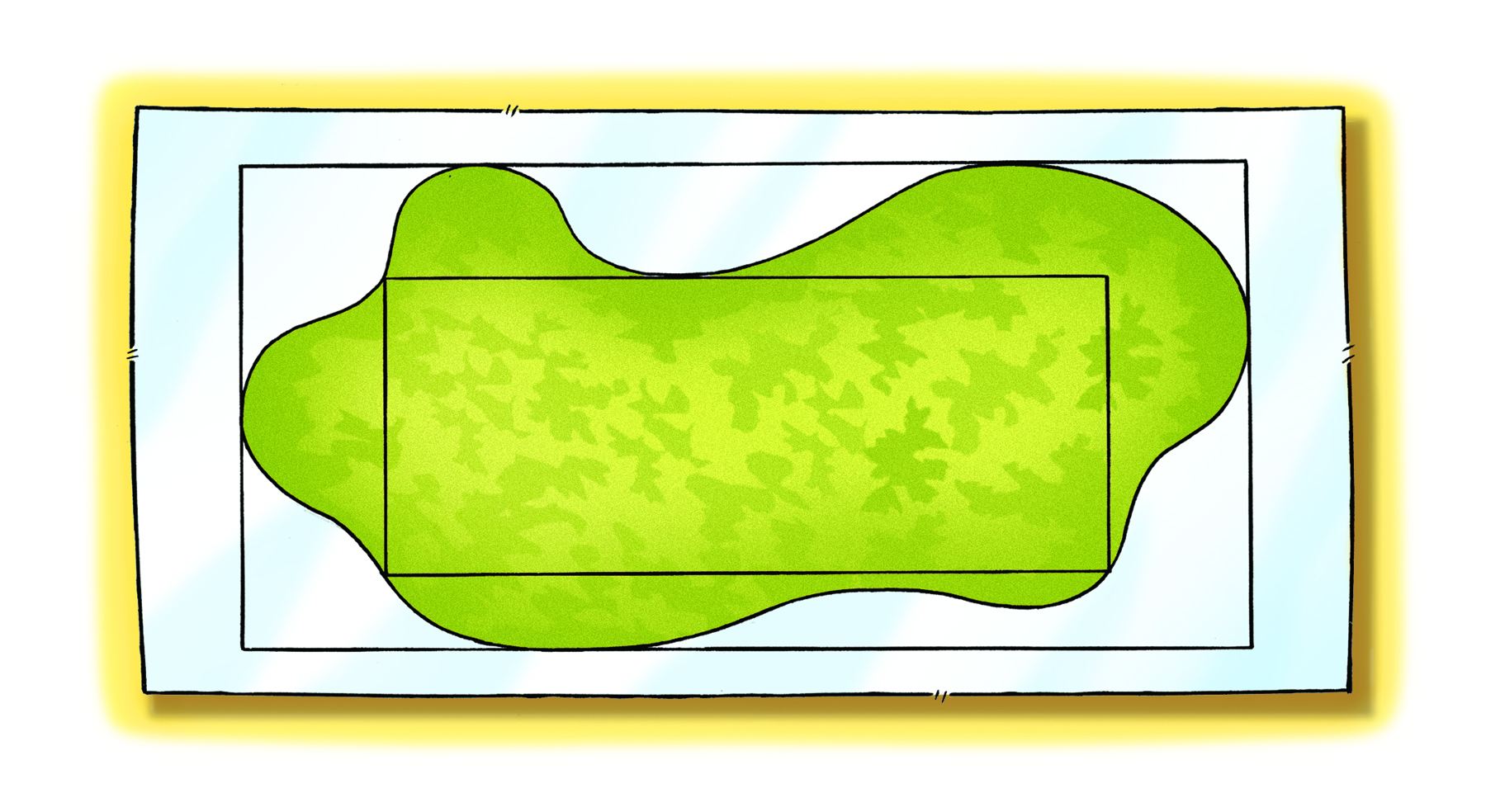 Ilustração. Figura representando um terreno irregular. Seu contorno é formado por uma linha não poligonal fechada e sem segmentos em parte alguma. Um retângulo está representado dentro do contorno e outro fora.