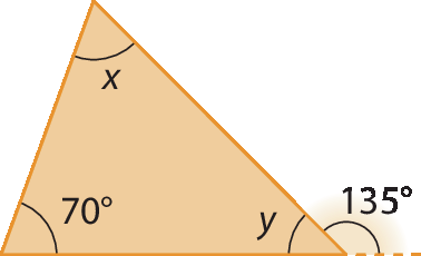 Figura geométrica. Triângulo com ângulos internos 70 graus, x e y e ângulo externo a y, medindo 135 graus.