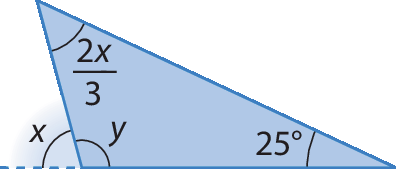 Figura geométrica. Triângulo com ângulos internos y,  25 graus e 2x sobre 3, ângulo externo ao ângulo y medindo x