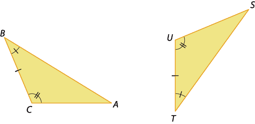 Figura geométrica. Dois triângulos amarelos. O primeiro ABC e o segundo STU. Os ângulos ABC e STU são congruentes; os ângulos ACB e SUT são congruentes; e os lados BC e UT são congruentes.