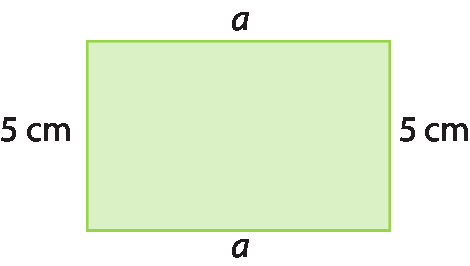 Figura geométrica. Retângulo verde de medida de comprimento a e medida de largura 5 centímetros.