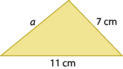 Figura geométrica. Triângulo amarelo de base medindo 11 centímetro e lados medindo a e 7 centímetros.