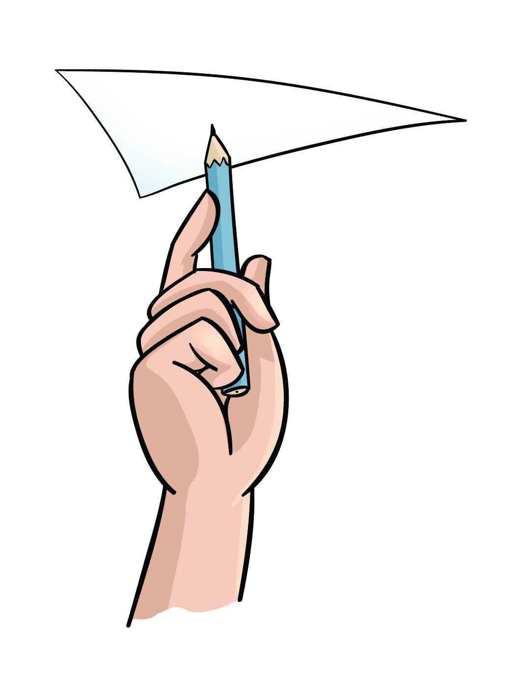 Ilustração. Mão de uma pessoa segurando um lápis com a ponta para cima. Um triângulo feito de cartolina está apoiado no lápis de maneira equilibrada.