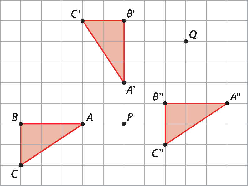 Esquema. Malha quadriculada, à esquerda, o triângulo retângulo ABC, à direita, alinhado com o vértice A na horizontal dois quadradinhos a frente, ponto P. Na parte superior da malha, o triângulo retângulo, A linha, B linha, C linha, à direita, três quadradinhos a frente o ponto Q, um pouco abaixo, o triângulo retângulo A duas linhas, B duas linhas, C duas linhas.