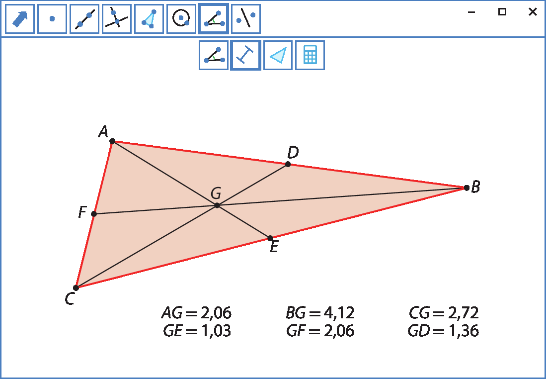 Ilustração. Tela de software de geometria dinâmica. Na parte superior, botões de comando: mover, ponto, reta definida por dois pontos, reta perpendicular, polígono, circunferência, medida de ângulo e simetria.
O comando medida de ângulo está selecionado, e dá as opções de medida de ângulo, medida de segmento, medida de área e calculadora. A opção medida de segmento está selecionada. Na tela, triângulo ABC, D é ponto médio de AB, E é ponto médio de BC e F é ponto médio de AC. São traçados os segmentos AE, BF e CD, e sua intersecção define o ponto G. AG igual 2 vírgula 06, GE igual 1 vírgula 03, BG igual 4 vírgula 12, GF igual 2 vírgula 06, CG igual 2 vírgula 72, GD igual 1 vírgula 36.
