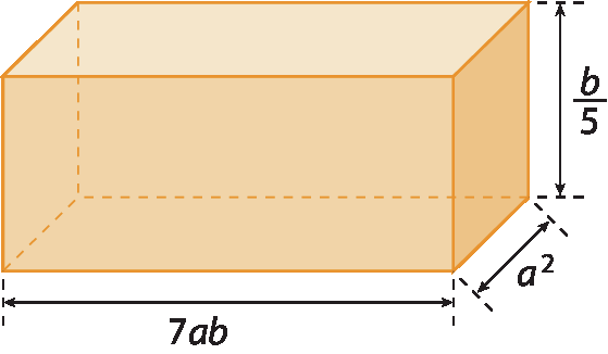 Figura geométrica. Paralelepípedo laranja de medida de comprimento 7ab, medida da largura a elevado ao quadrado e medida da altura b sobre 5.