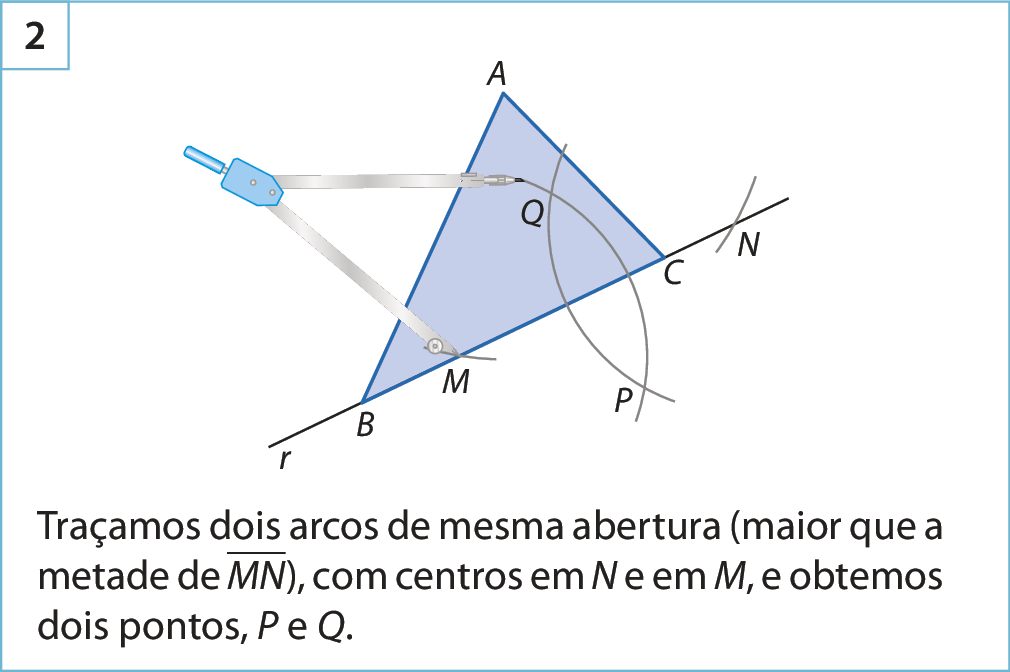 Figura geométrica. Figura 2. Triângulo ABC, reta r suporte ao lado BC. Com ponta-seca do compasso no ponto M traça-se um arco que corta a reta r. O mesmo é feito com a ponta-seca do compasso em N. A intersecção dos arcos definem os pontos P, fora do triângulo e Q dentro do triângulo.
Abaixo está escrito: Traçamos dois arcos de mesma abertura, abre parênteses, maior que a metade de MN, fecha parênteses, com centros em N e em M, e obtemos dois pontos, P e Q.