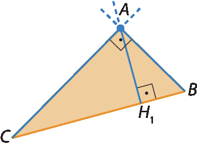 Figura geométrica. Triângulo ABC com destaque para os lado AC e AB, e para o vértice A. Está destacado o segmento AH1 que é perpendicular ao lado BC.