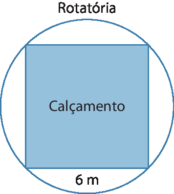 Figura geométrica. Uma circunferência com um quadrado inscrito (sua região interna é azul). Acima da circunferência, a cota 'Rotatória'. Dentro do quadrado há a cota 'Calçamento' e a cota '6 m' para a medida de comprimento de seu lado.