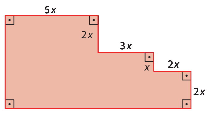 Figura geométrica. Octógono não convexo, lembra 3 degraus de uma escada. Tem seus 6 ângulos retos indicados. Debaixo para cima, começando da primeira altura, tem-se as medidas: 2x, 2x, x, 3x, 2x e 5x.