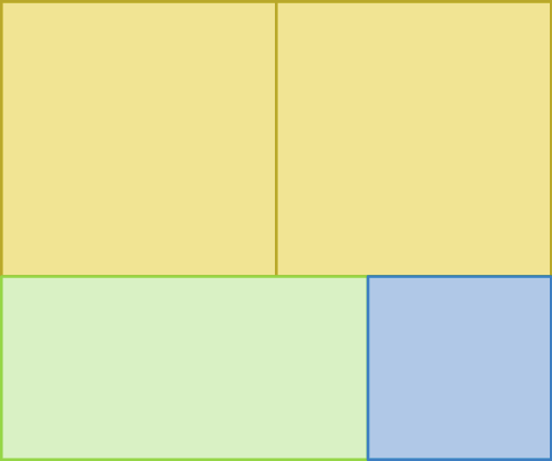 Figura geométrica. Retângulo formado por dois quadrados amarelos acima e um retângulo verde e um quadrado azul abaixo.