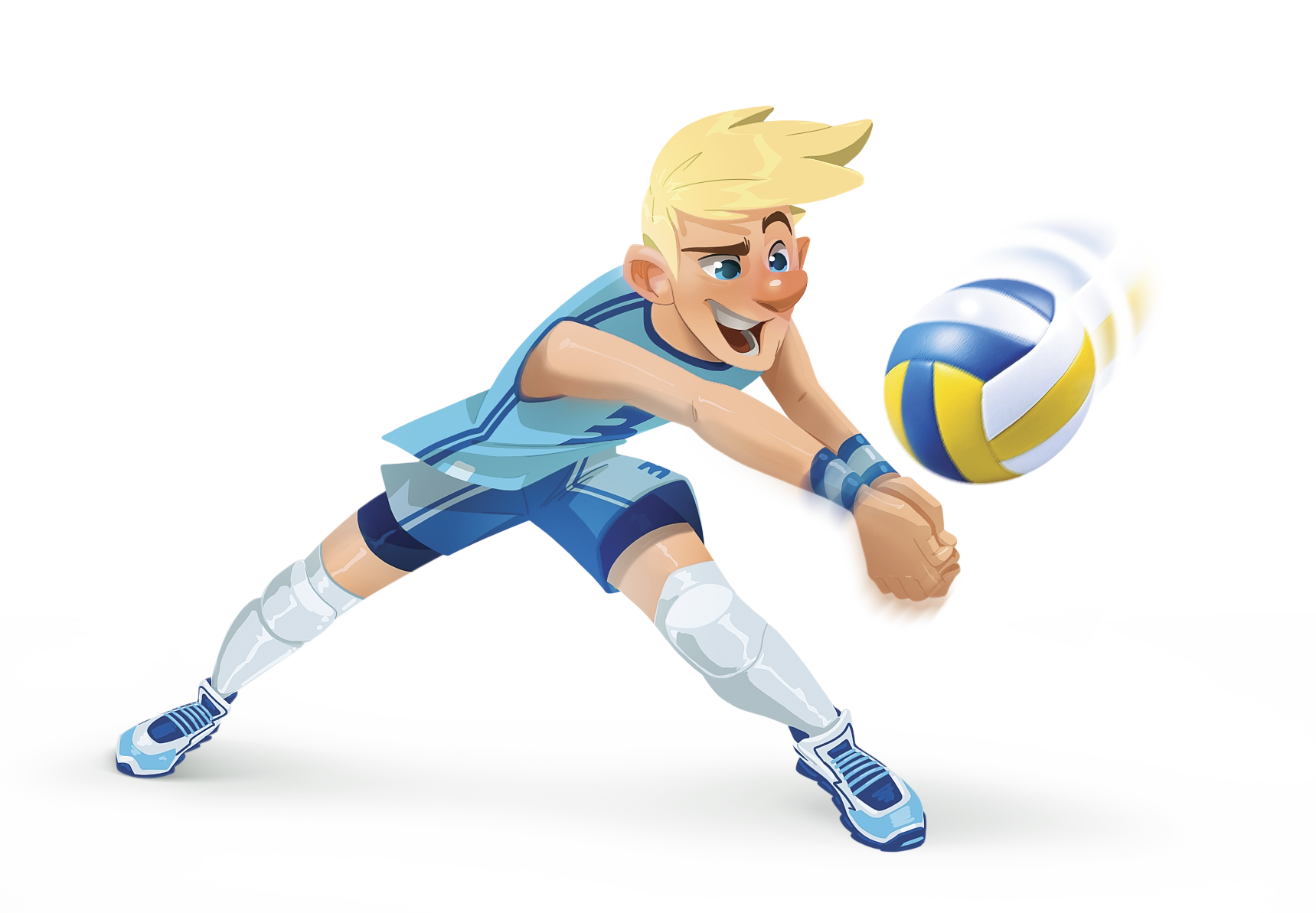 Ilustração. Rapaz com uniforme esportivo azul rebatendo bola de vôlei
