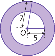 Figura geométrica. Coroa circular lilás de centro O, cujo raio maior tem comprimento medindo 7 e raio menor tem comprimento medindo 5.