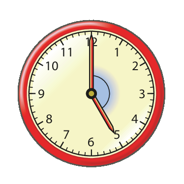 Ilustração. Relógio de ponteiros no formato circular. O ponteiro menor está no número 5 e o ponteiro maior no 12.