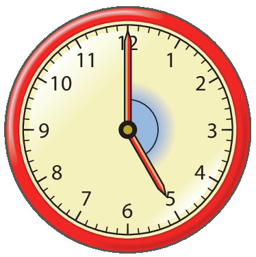 Ilustração. Relógio de ponteiros no formato circular. O ponteiro menor está no número 5 e o ponteiro maior no 12.