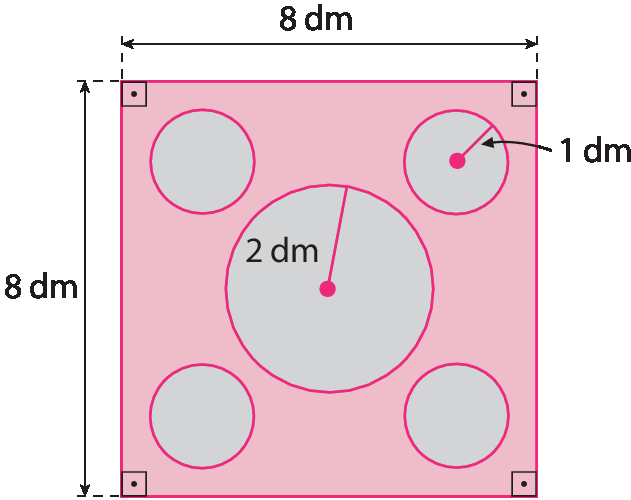 Figura geométrica. Quadrado rosa com lados medindo 8 decímetros de comprimento. No centro, há um círculo cinza com raio medindo 2 centímetros de comprimento. Ao redor desse círculo, há quatro círculos menores iguais com raio medindo 1 decímetro de comprimento.
