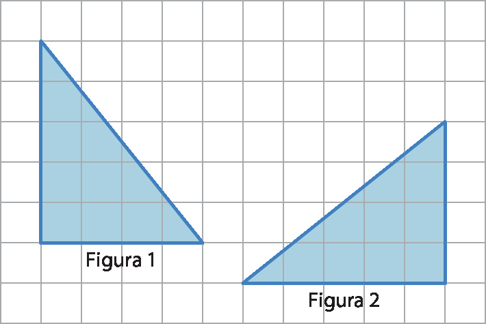 Figura geométrica. Malha quadriculada com 12  quadradinhos na horizontal por 8 na vertical. Um triângulo retângulo azul (Figura 1) está posicionado mais à esquerda. Um de seus lados (na horizontal) coincide com os lados de 4 quadradinhos da malha. Outro lado, adjacente ao anterior, esta na vertical e coincide com os lados de 5 quadradinhos da malha. A extremidade comum entre esses lados (em que o ângulo é reto) é a da esquerda, considerando o primeiro lado, e a de baixo, considerando o segundo lado. Outro triângulo azul (Figura 2) está posicionado mais à direita.  Um de seus lados (na horizontal) coincide com os lados de 5 quadradinhos da malha. Outro lado, adjacente ao anterior, esta na vertical e coincide com os lados de 4 quadradinhos da malha. A extremidade comum entre esses lados  (em que o ângulo é reto) é a da direita, considerando o primeiro lado, e a de baixo, considerando o segundo lado. O lado horizontal da Figura 2 está um quadradinho para baixo, considerando o lado horizontal da figura 1. E o lado vertical da Figura 2 está à 10 quadradinhos para a direita, considerando o lado vertical da Figura 1.