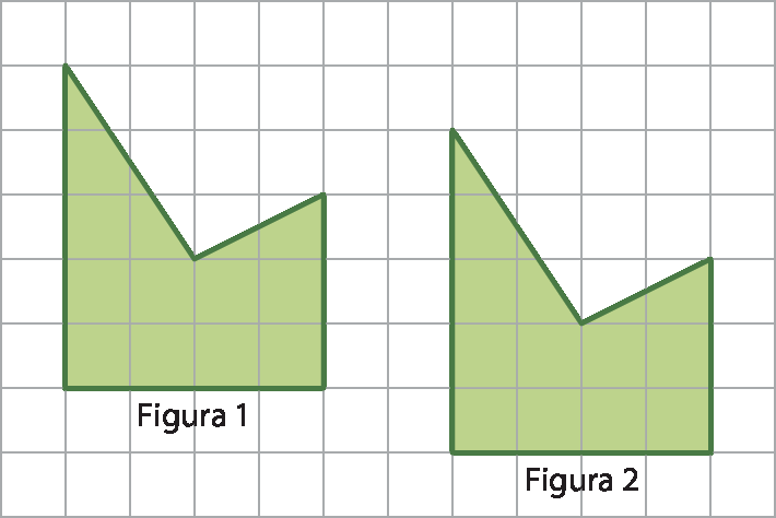 Figura geométrica Malha quadriculada duas figuras: a Figura 1, semelhante a uma bandeirinha de festa junina invertida está posicionada à esquerda. E a Figura 2, congruente à Figura 1 está posicionada 6 quadradinhos à direta e 1 quadradinho para baixo da Figura 1.