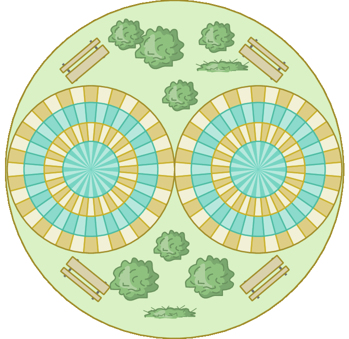 Ilustração. Praça circular com dois mosaicos composto por coroas circulares. Ao redor, bancos e árvores.