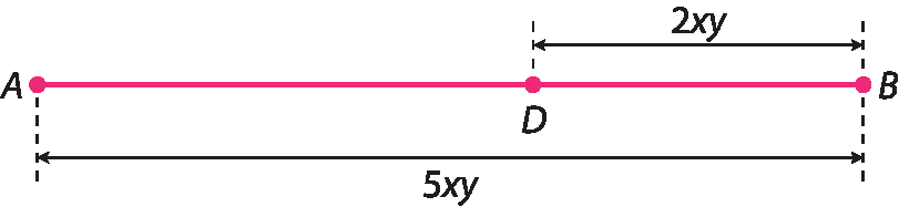 Segmento de reta com 3 pontos, da esquerda para à direita: A, D e B. Cotas indicando a medida de comprimento de cada segmento: segmento AB, 5xy; segmento DB, 2xy.
