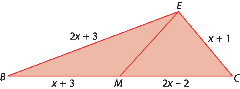 Figura geométrica. Triângulo EBC a mediana que parte do ponto E define o ponto M no segmento BC. EC mede x mais 1, CM mede 2x menos 2, BM mede x mais 3, EB mede 2x mais 3.