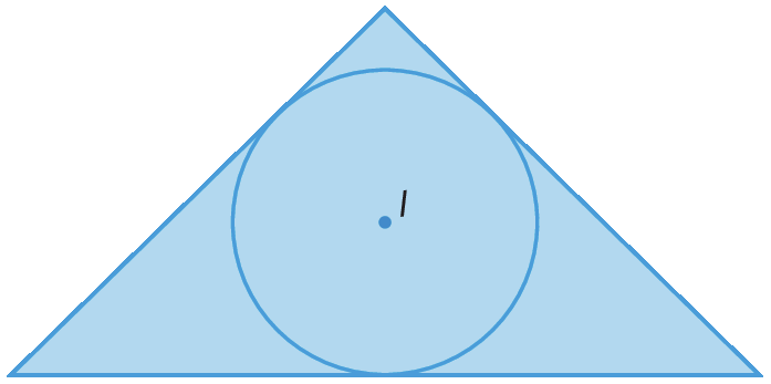 Figura geométrica. Triângulo com circunferência inscrita com centro em I.