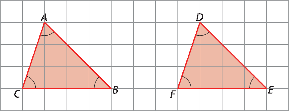 Figuras geométricas. Malha quadriculada com triângulo ABC. Ao lado, triângulo DEF, idêntico ao anterior.
