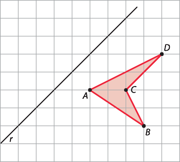 Figura geométrica. Malha quadriculada. Representação de uma reta r na diagonal (crescente). Do seu lado de baixo e à sua direita, há uma figura semelhante a uma seta para, correspondente a um quadrilátero não convexo ABCD.