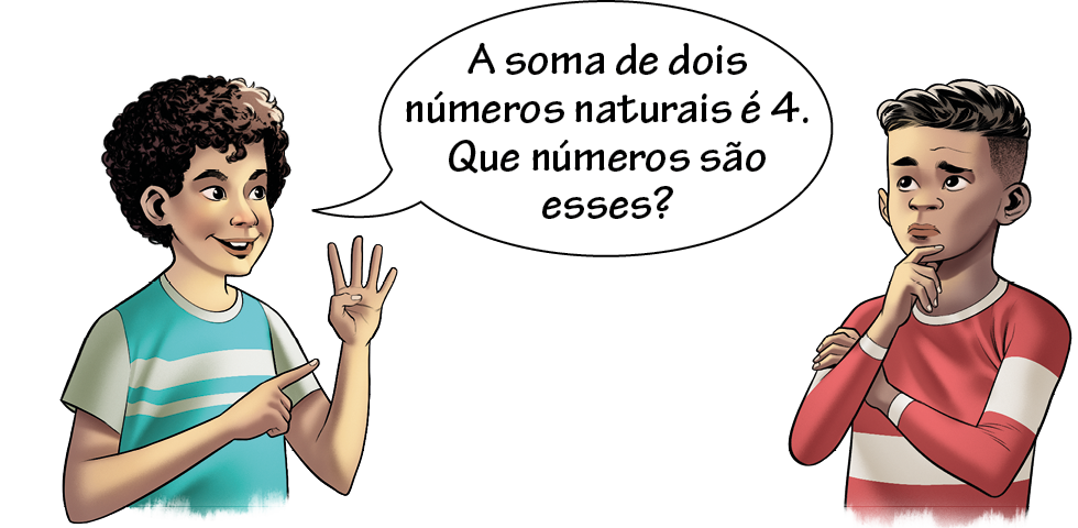 Ilustração: Um garoto negro de cabelo encaracolado e camiseta azul e branca, diz para um garoto negro de cabelo curto e camiseta vermelha e branca: A soma de dois números naturais é 4. Que números são esses?