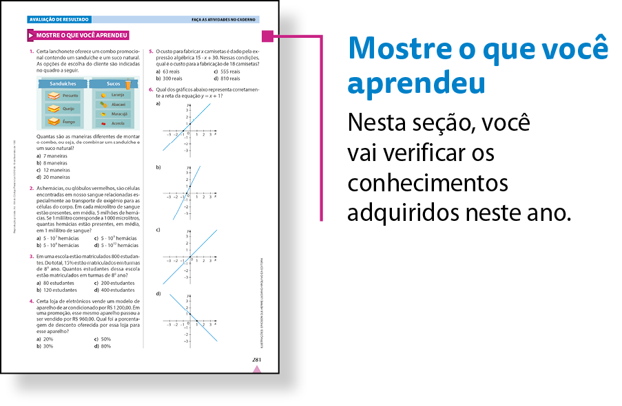 Esquema. Reprodução em tamanho reduzido de página da seção Mostre o que você aprendeu. Há um fio roxo, no canto superior direito, que associa a reprodução ao texto:
Mostre o que você aprendeu
Nesta seção, você vai verificar os conhecimentos adquiridos neste ano.