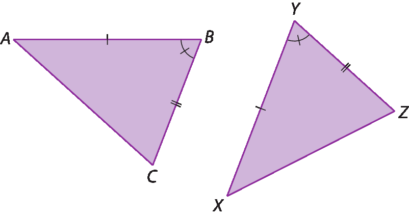 Figuras geométricas. Triângulo ABC com ângulo destacado em B. Indicação da medida do lado AB, e da medida do lado BC que são diferentes. Ao lado, triângulo XYZ com ângulo destacado em Y de mesma medida do ângulo B do triângulo ABC anterior. Indicação da medida do lado YX que é a mesma da medida do lado AB do triângulo da figura anterior. E da medida do lado YZ que é a mesma do lado BC.