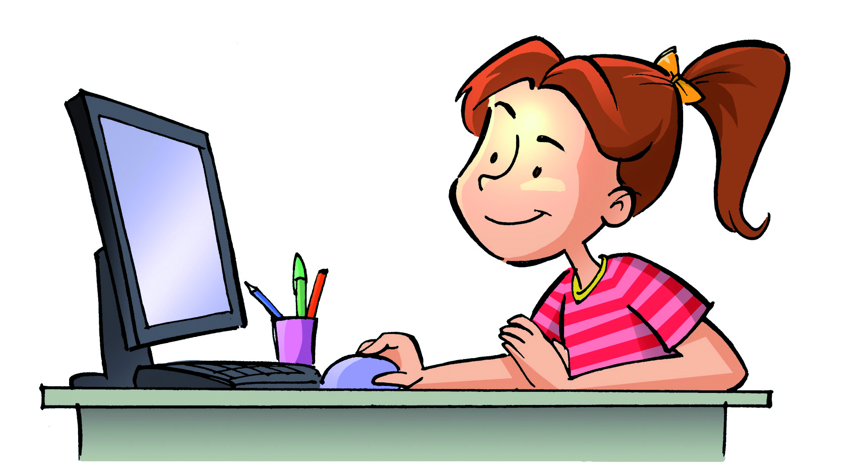Ilustração: uma menina branca, de cabelo castanho amarrado, camiseta listrada rosa e vermelho está sentada em frente da tela de um computador com o mouse na mão. Sobre à mesa, um porta canetas.